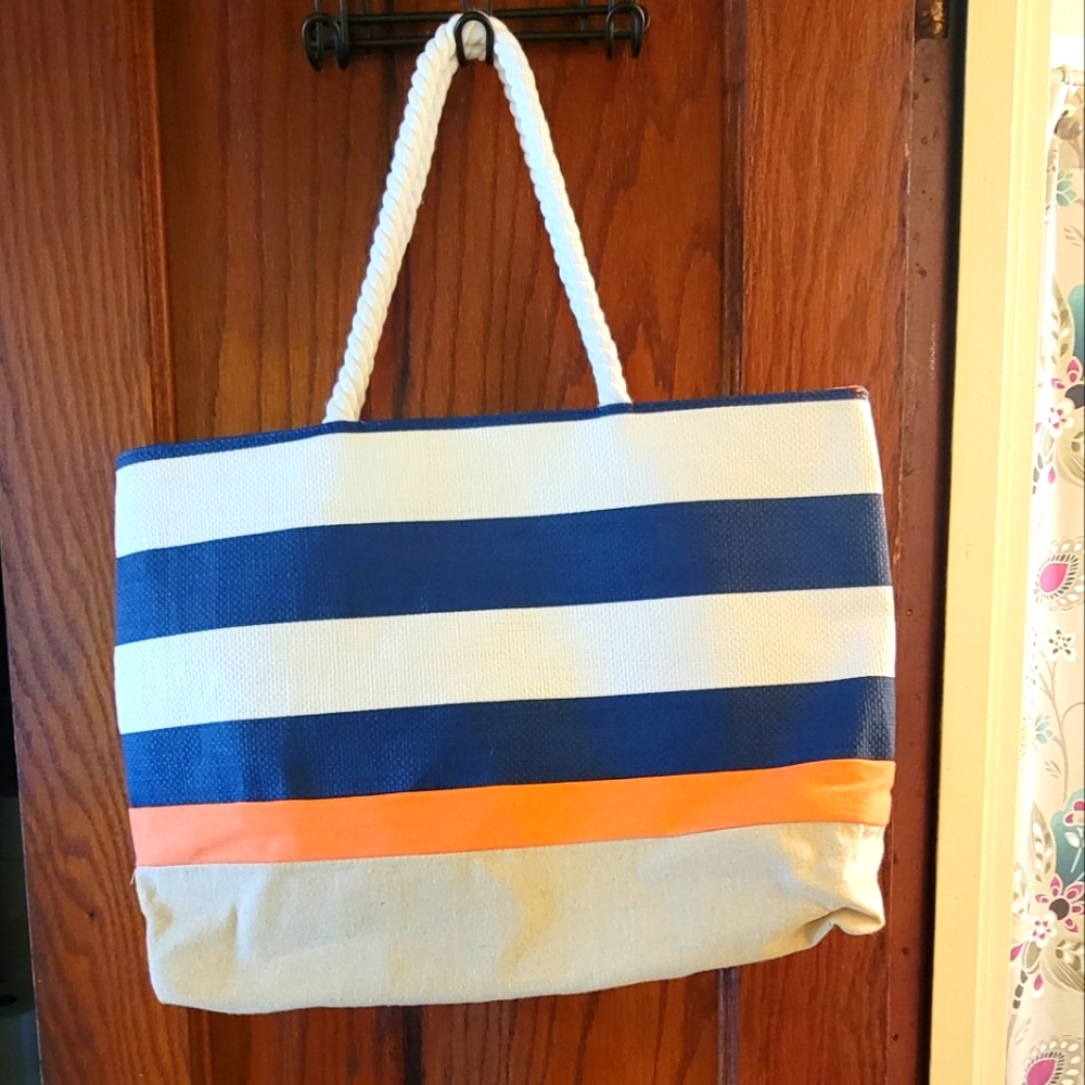 NWOT DSW Nautical Striped Tote with Rope Handles, Coral Nylon Interior